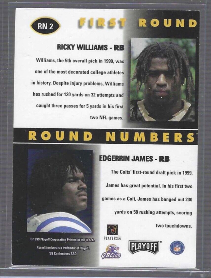EDGERRIN JAMES RICKY WILLIAMS 1999 PLAYOFF ROUND NUMBERS DUAL AUTO ROOKIE RC