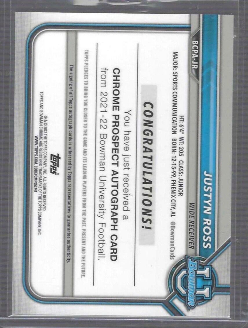 JUSTYN ROSS 2021 BOWMAN CHROME UNIVERSITY REFRACTOR 1ST AUTO #BCPA-JR