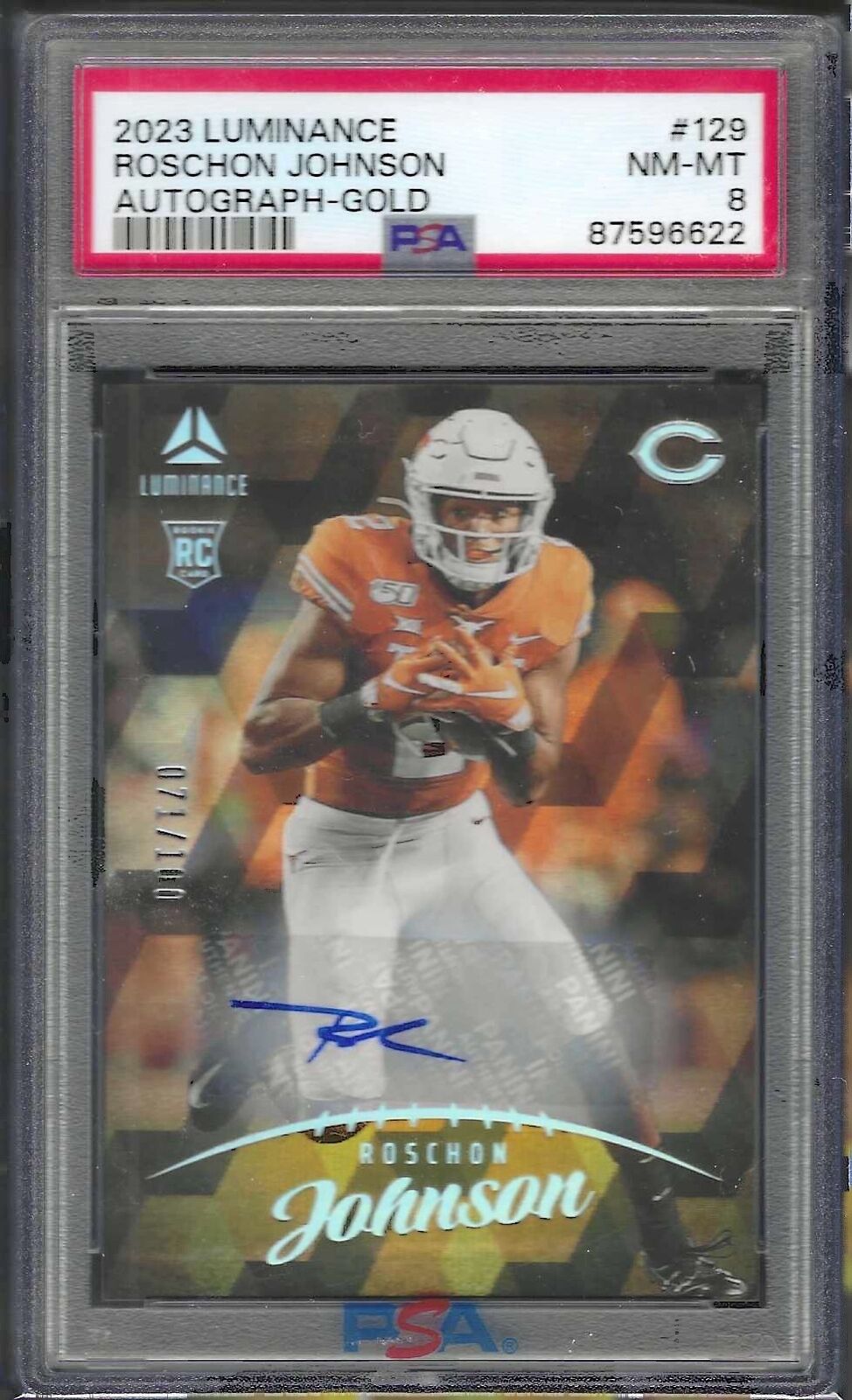 ROSCHON JOHNSON 2023 PANINI LUMINANCE GOLD AUTO RC /100 PSA 8 NM-MT POP 1/1