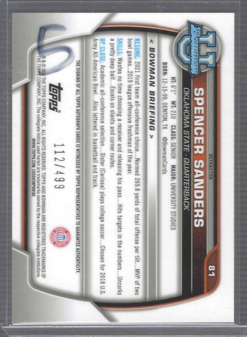 SPENCER SANDERS 2022 BOWMAN CHROME UNIVERSITY REFRACTOR 1ST AUTO #D 112/499