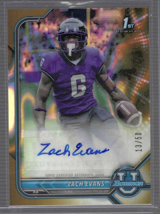 ZACH EVANS 2021 BOWMAN CHROME UNIVERSITY GOLD LAVA REFRACTOR 1ST AUTO #D 13/50