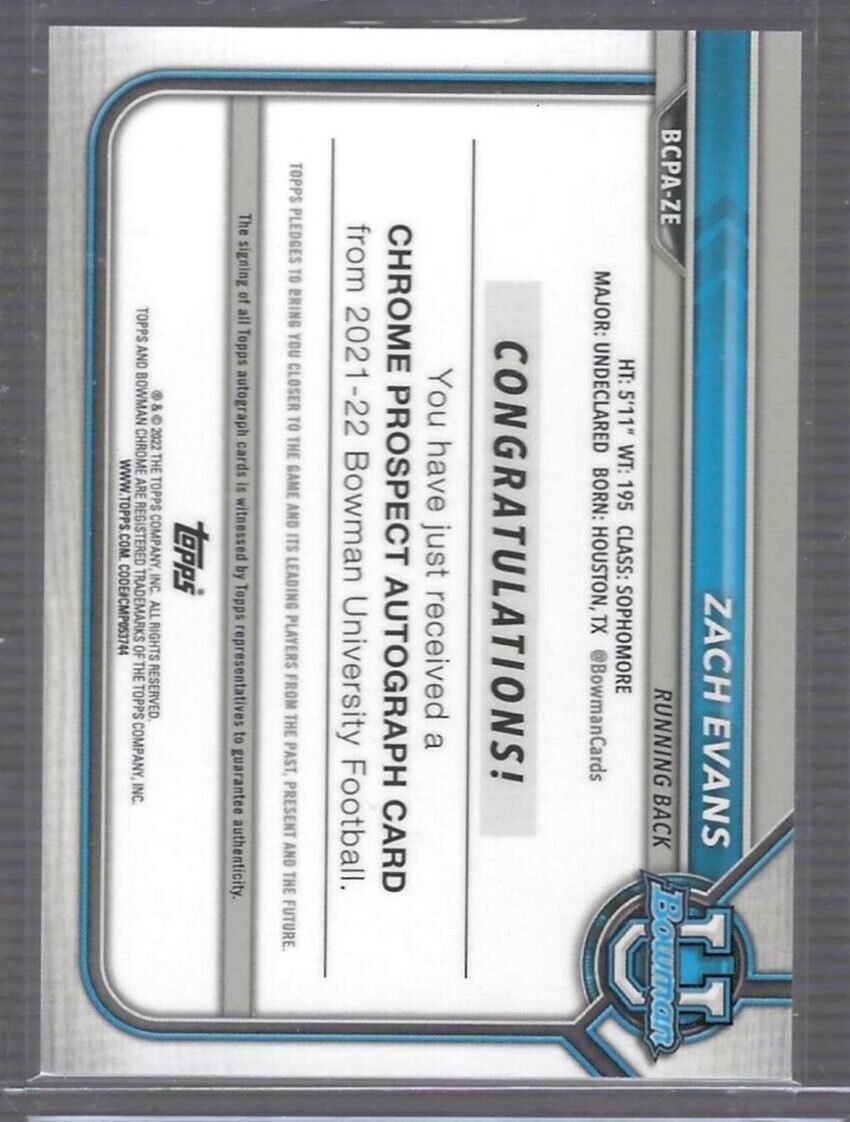 ZACH EVANS 2021 BOWMAN CHROME UNIVERSITY GOLD LAVA REFRACTOR 1ST AUTO #D 13/50