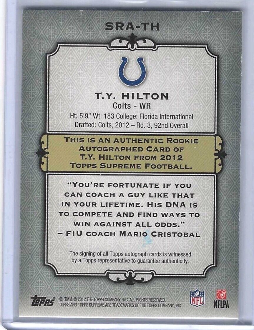 TY HILTON 2012 TOPPS SUPREME BLUE ROOKIE AUTO RC #D 29/50