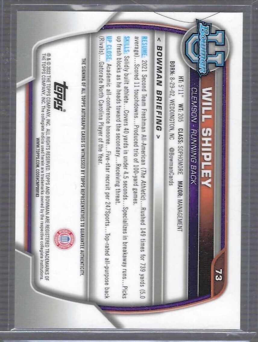 WILL SHIPLEY 2022 BOWMAN UNIVERSITY CHROME 1ST PROSPECT AUTO #73