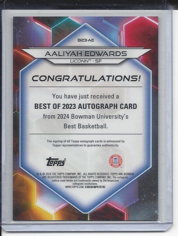 AALIYAH EDWARDS 2023 BOWMANS BEST UNIVERSITY UCONN REFRACTOR AUTO #D 65/125