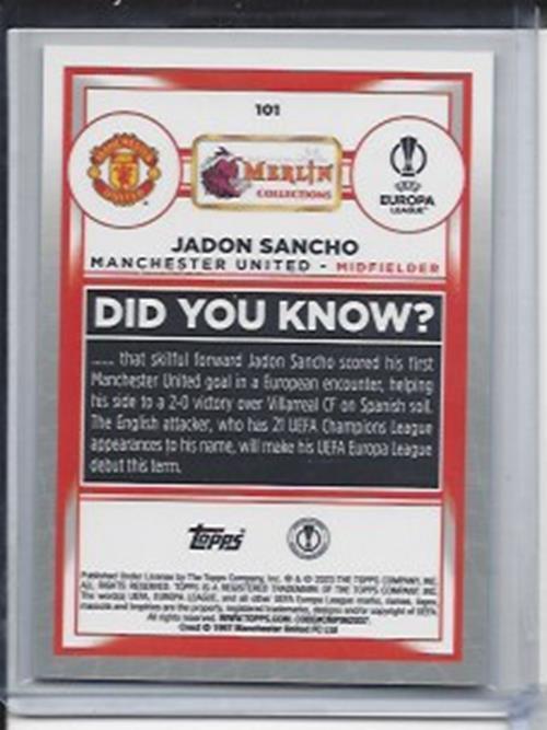 JADON SANCHO 2022-23 TOPPS MERLIN CHROME GREEN MOJO REFRACTOR #D 21/99