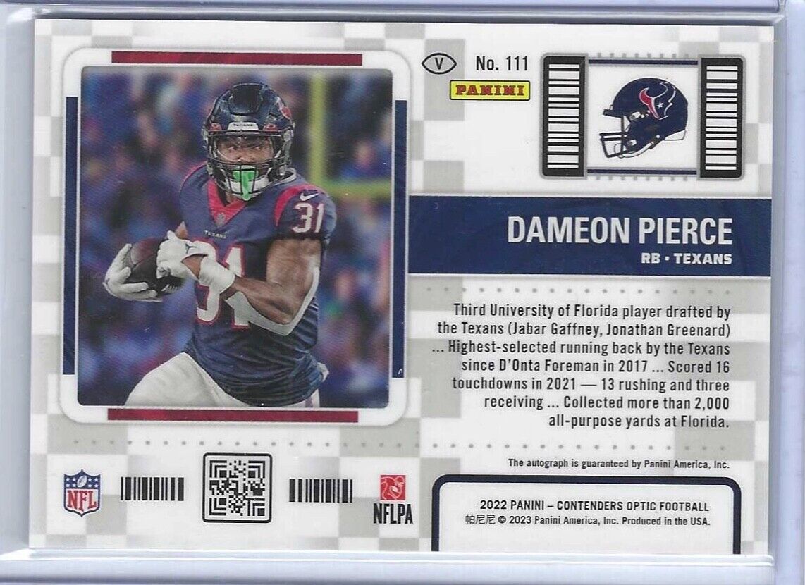 DAMEON PIERCE 2022 PANINI OPTIC CONTENDERS VARIATION ON CARD TICKET AUTO RC #111