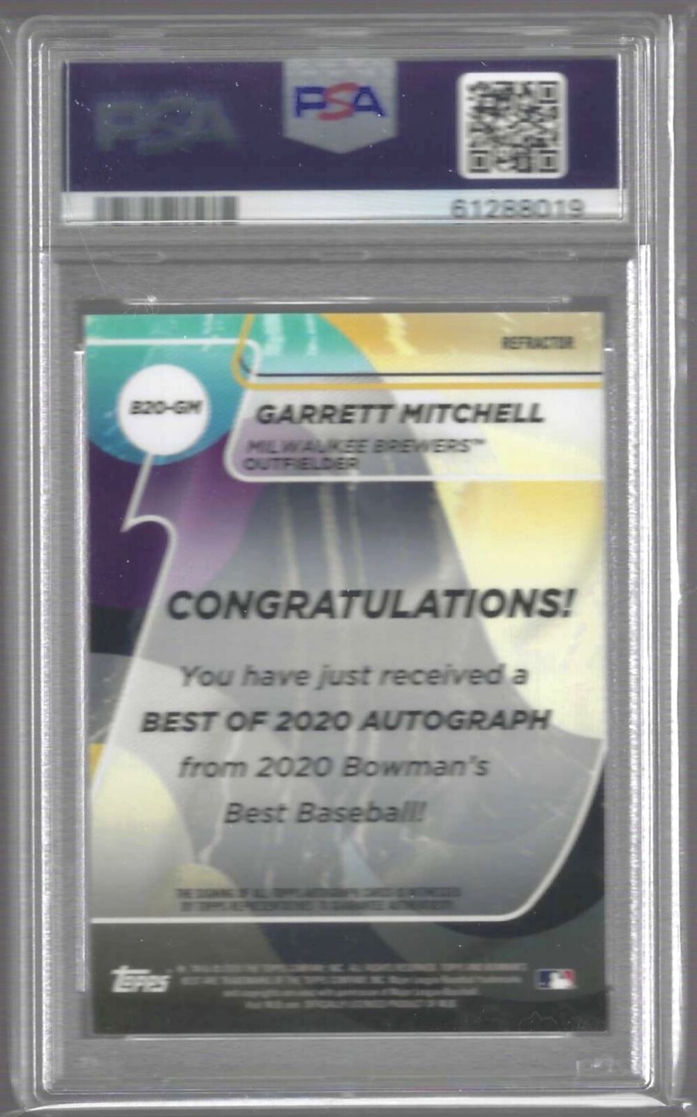 GARRETT MITCHELL 2020 BOWMANS BEST REFRACTOR PROSPECT AUTO #B20-GM PSA 9 POP 10