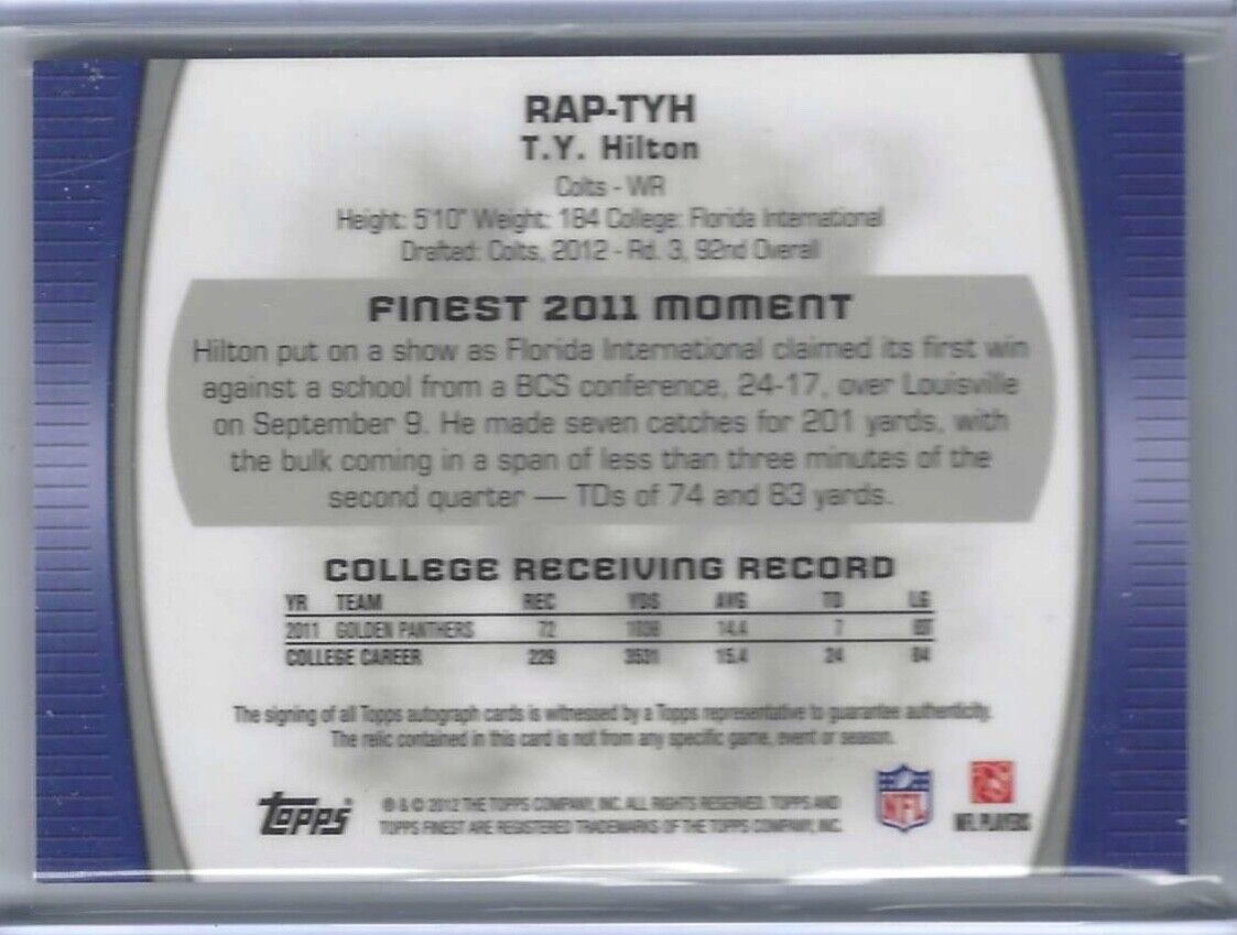 TY HILTON 2012 TOPPS FINEST BLUE REFRACTOR RPA ROOKIE PATCH AUTO RC #D 46/99