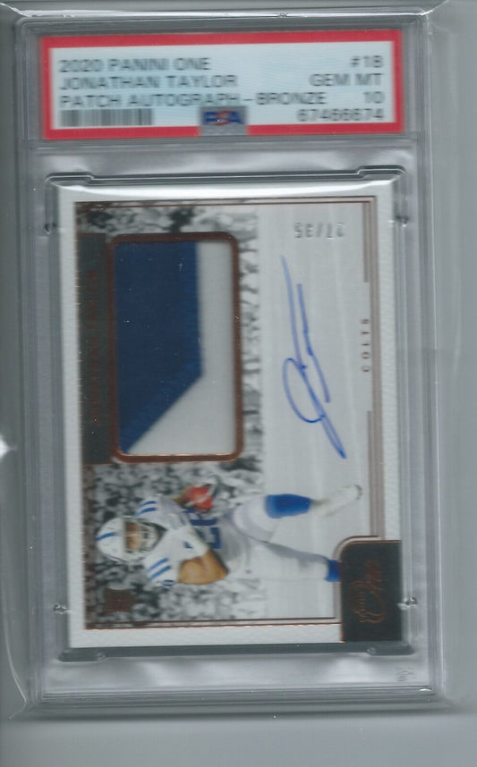 JONATHAN TAYLOR 2020 PANINI ONE RPA PATCH AUTO BRONZE RC #D 27/35 PSA 10 POP 1/1
