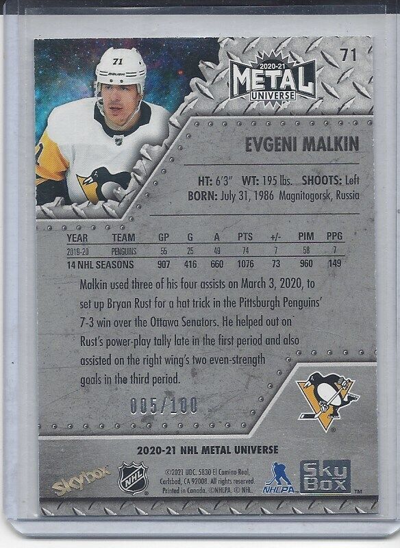 EVGENI MALKIN 2020-21 METAL UNIVERSE PRECIOUS METAL GEMS GREEN SSP /10 #D 5/100