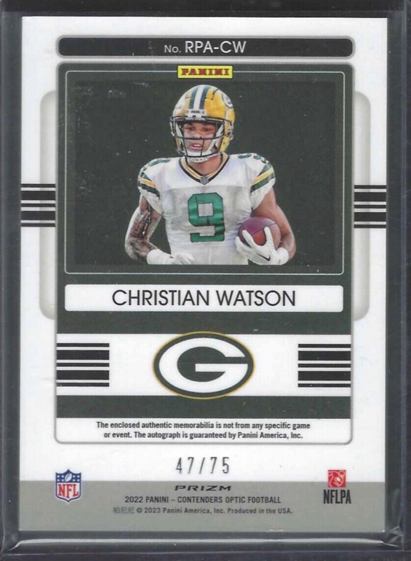 CHRISTIAN WATSON 2022 PANINI OPTIC CONTENDERS RPA ROOKIE PATCH AUTO RC #D 47/75