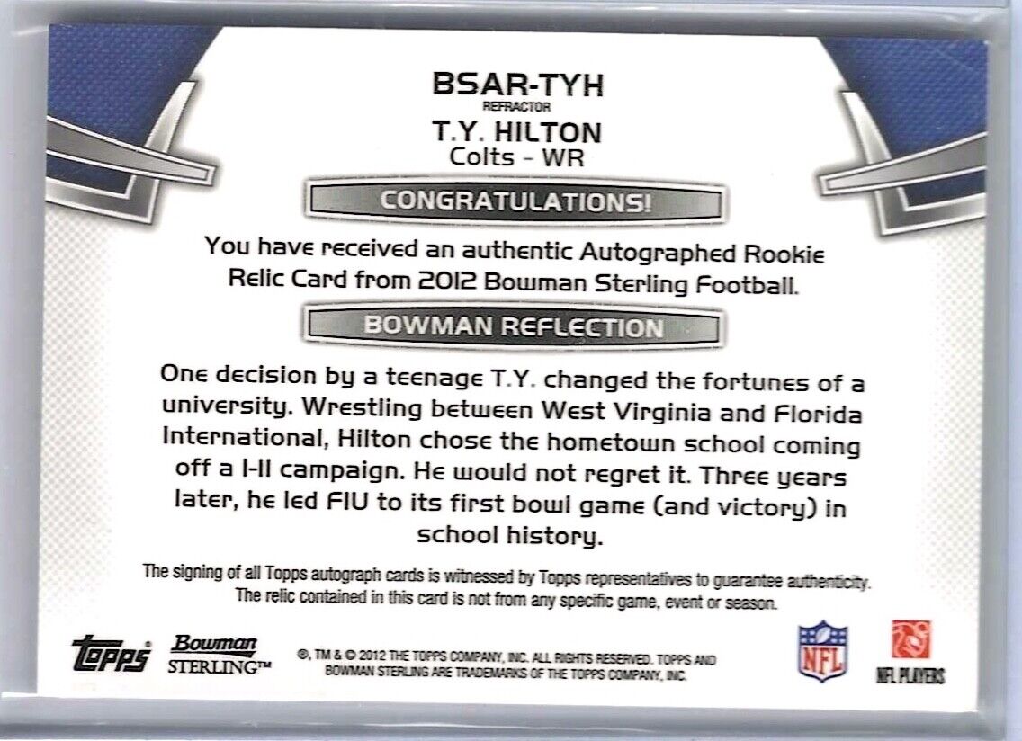 TY HILTON 2012 TOPPS BOWMAN STERLING GOLD REFRACTOR ROOKIE PATCH AUTO RC #D 1/66