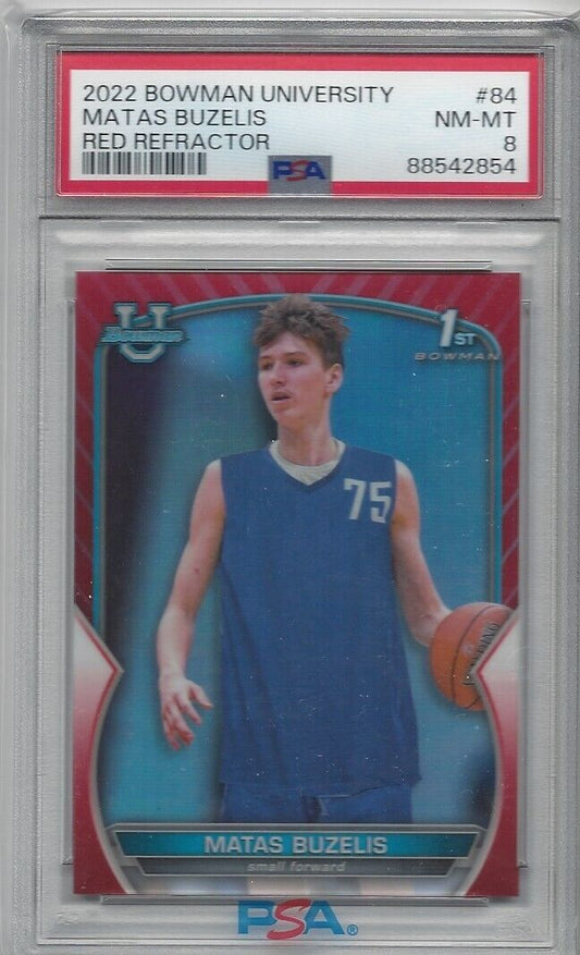 MATAS BUZELIS 2022 BOWMAN CHROME UNIVERSITY 1ST RED REFRACTOR #D 2/5 PSA 8 POP 1