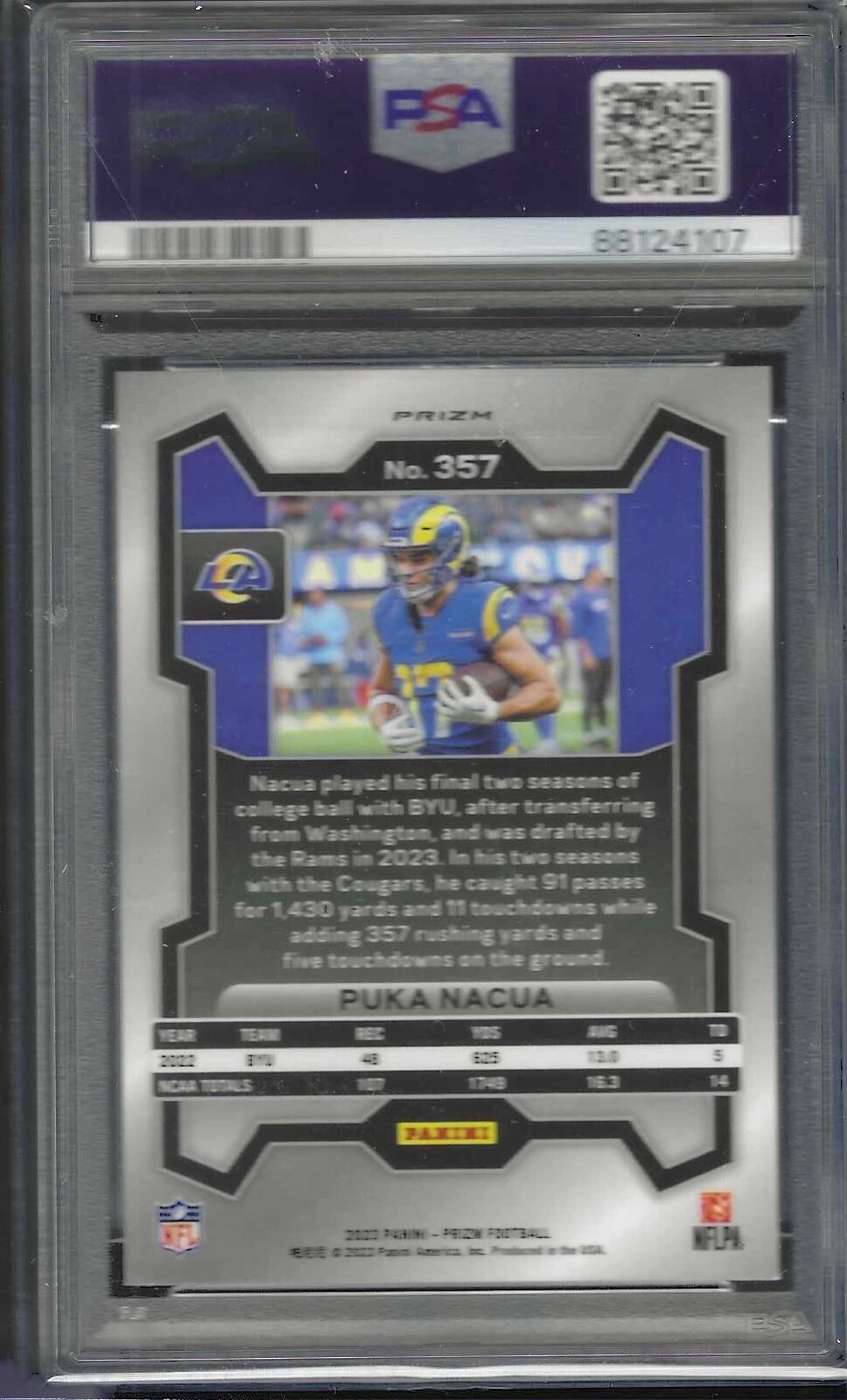 PUKA NACUA 2023 PANINI PRIZM SILVER PRIZM ROOKIE RC #357 PSA 9 MINT
