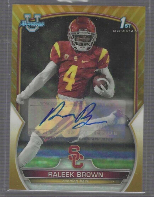 RALEEK BROWN 2022 BOWMAN CHROME UNIVERSITY GOLD REFRACTOR 1ST AUTO #D 11/50