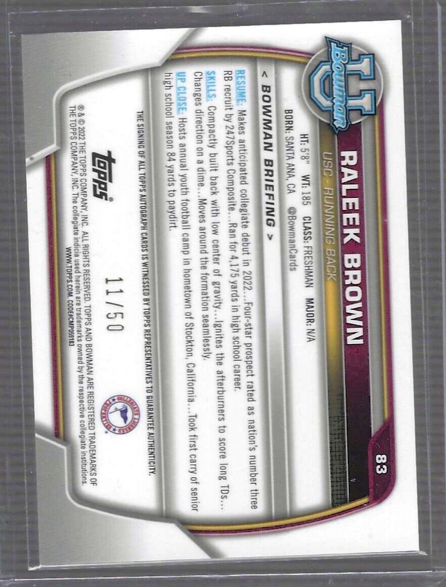 RALEEK BROWN 2022 BOWMAN CHROME UNIVERSITY GOLD REFRACTOR 1ST AUTO #D 11/50