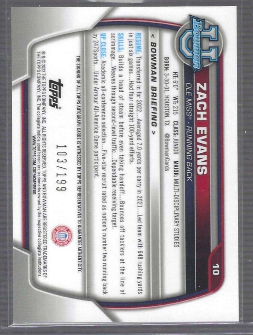 ZACH EVANS 2022 BOWMAN CHROME UNIVERSITY SILVER WAVE REFRACTOR AUTO #D 103/199