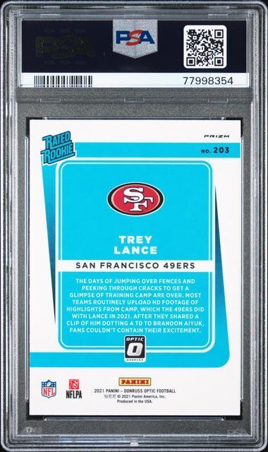 TREY LANCE 2021 PANINI DONRUSS OPTIC PURPLE SHOCK RATED ROOKIE RC 203 PSA 10 GEM
