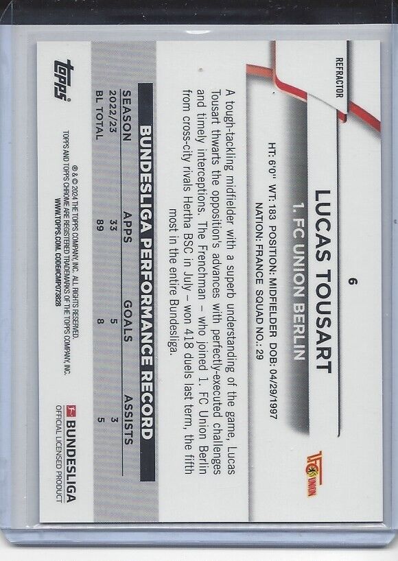 1/1 LUCAS TOUSART 2023 TOPPS CHROME BUNDESLIGA MAGENTA REFRACTOR #D 29/399 JSY #