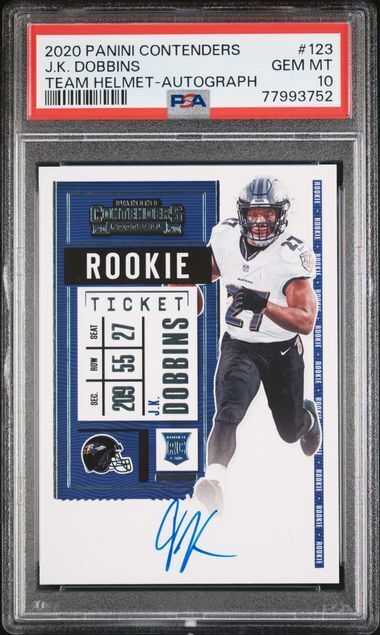 JK DOBBINS 2020 CONTENDERS ROOKIE TICKET ON CARD AUTO VARIATION RC #123 PSA 10