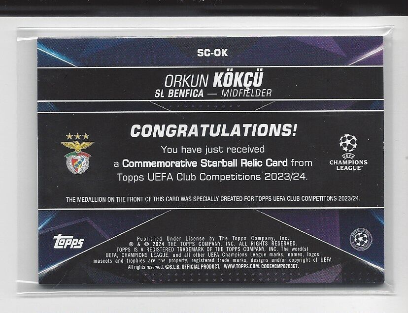 ORKUN KOKCU 2023-24 TOPPS CLUB COMPETITIONS UCL STARBALL RELIC PATCH
