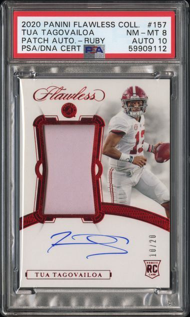 TUA TAGOVAILOA 2020 PANINI FLAWLESS RUBY PATCH AUTO RC #D 10/20 PSA 8 POP 1/1