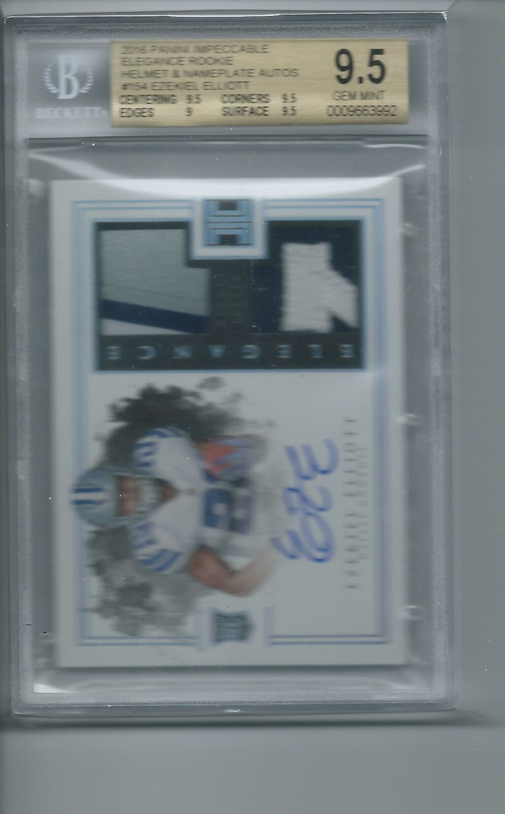 EZEKIEL ELLIOTT 2016 IMPECCABLE ELEGANCE DUAL PATCH AUTO RC #D /15 BGS 9.5 10 AU