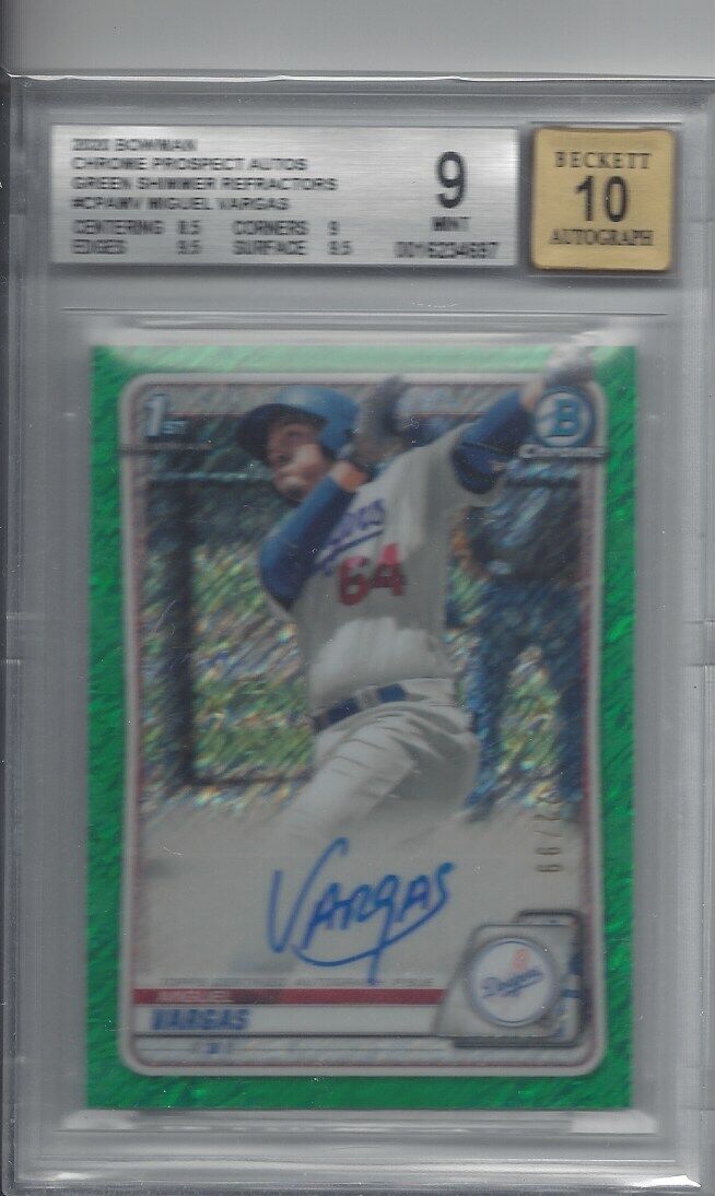 MIGUEL VARGAS 2020 BOWMAN CHROME 1ST GREEN SHIMMER REFRACTOR AUTO /99 BGS 9 10