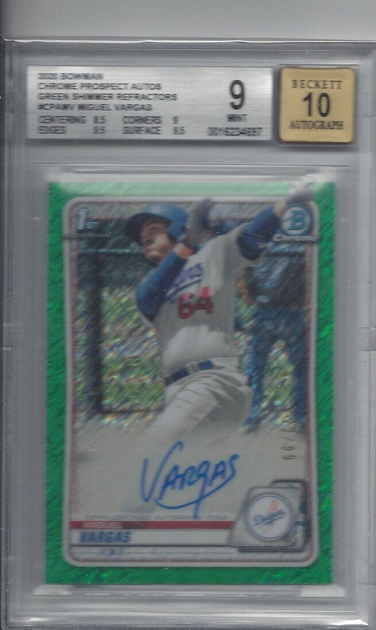 MIGUEL VARGAS 2020 BOWMAN CHROME 1ST GREEN SHIMMER REFRACTOR AUTO /99 BGS 9 10