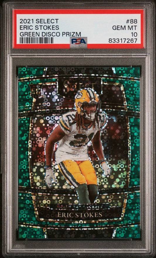 ERIC STOKES 2021 PANINI SELECT GREEN DISCO PRIZM RC #D 5/5 PSA 10 GEM POP 1/1