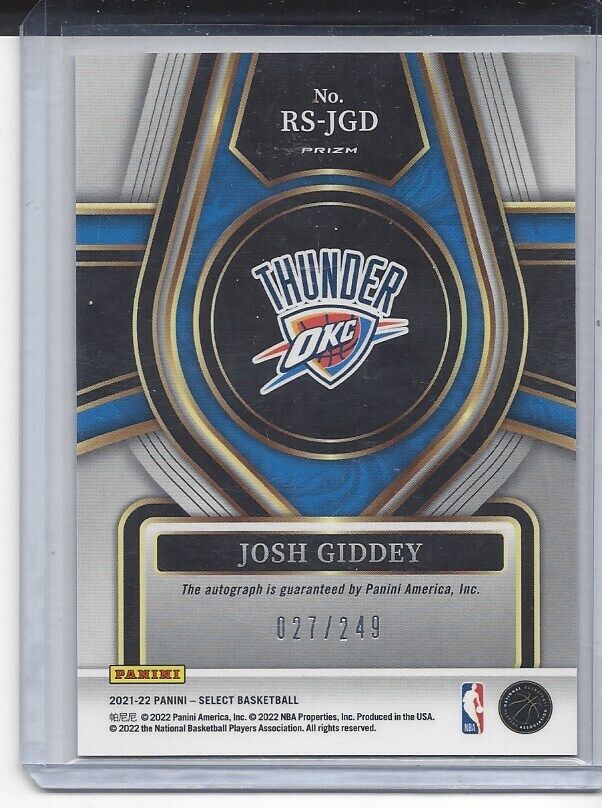 JOSH GIDDEY 2021-22 PANINI SELECT SILVER PRIZM ROOKIE AUTO RC #D 27/249