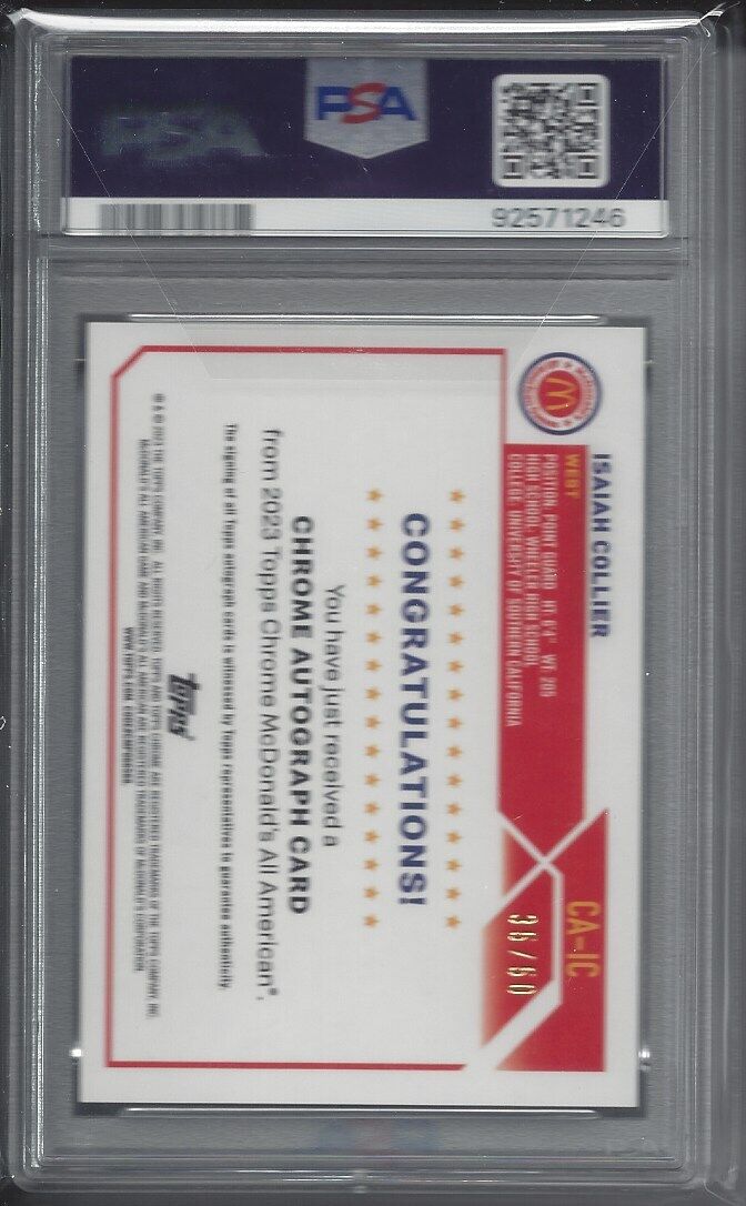 ISAIAH COLLIER 2023 TOPPS CHROME MCDONALDS GOLD RAYWAVE REFRACTOR AUTO /50 PSA 9