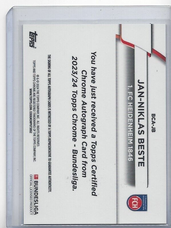 JAN-NIKLAS BESTE 2023-24 TOPPS CHROME BUNDESLIGA HEIDENHEIM REFRACTOR AUTO