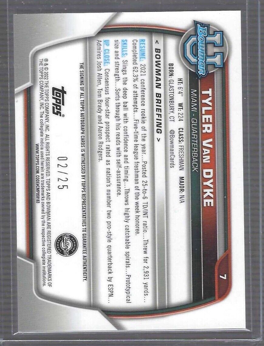 TYLER VAN DYKE 2022 BOWMAN CHROME UNIVERSITY ORANGE REFRACTOR AUTO #D 02/25