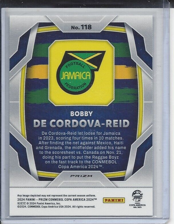 BOBBY DE CORDOVA REID 2024 PANINI PRIZM COPA AMERICA ZEBRA PRIZMS SSP #118