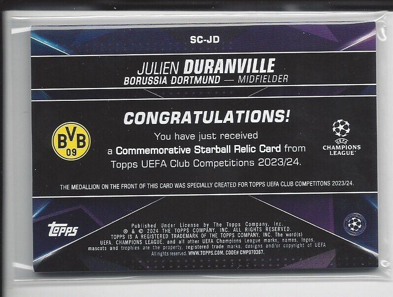 JULIEN DURANVILLE 2023-24 TOPPS CLUB COMPETITIONS UCL STARBALL RELIC PATCH RC