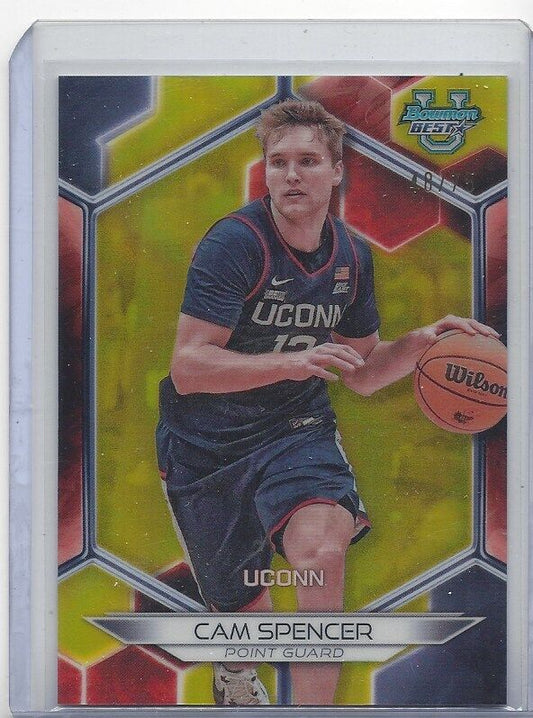 CAM SPENCER 2023 BOWMAN'S BEST UNIVERSITY YELLOW REFRACTOR UCONN #D 48/75