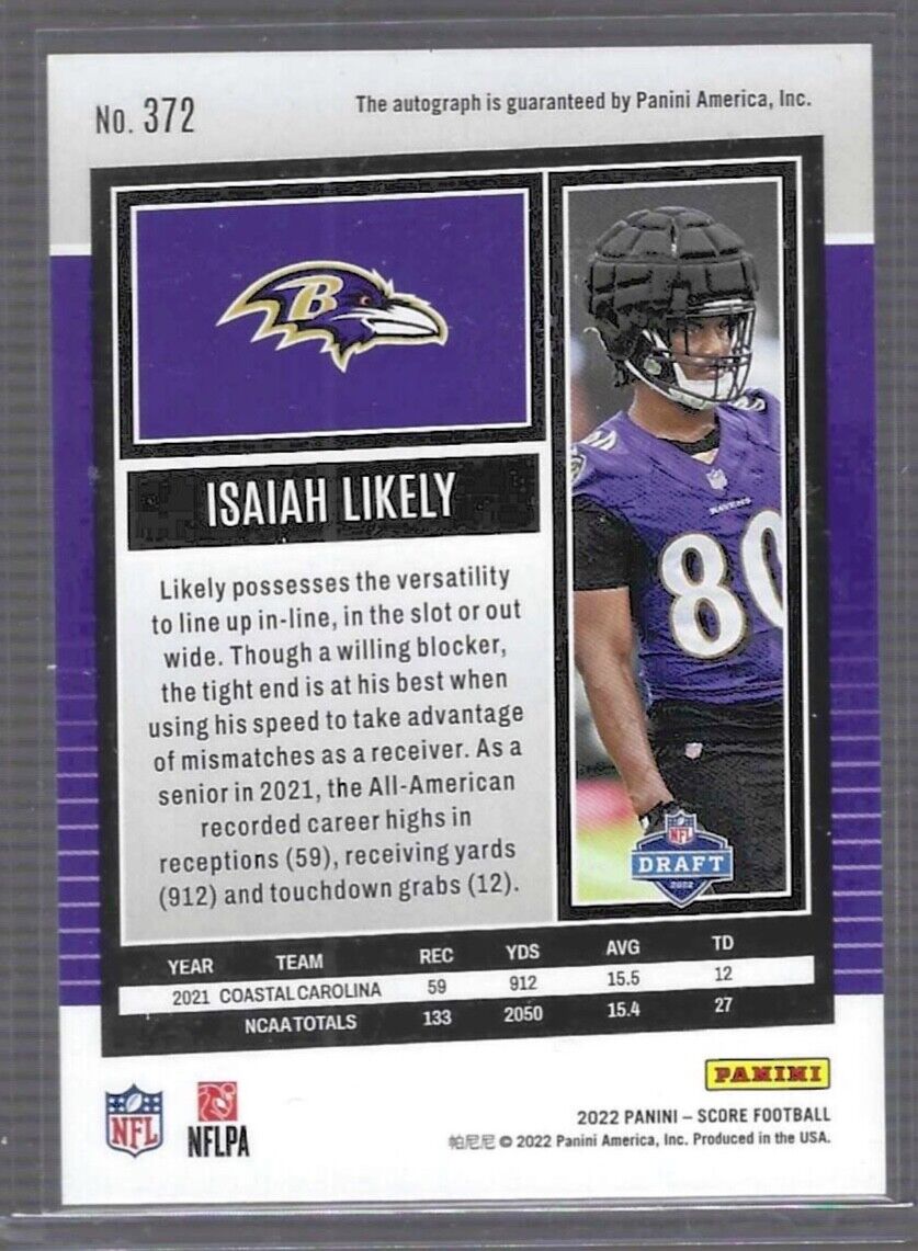 ISAIAH LIKELY 2022 PANINI SCORE ROOKIE AUTO RC #372