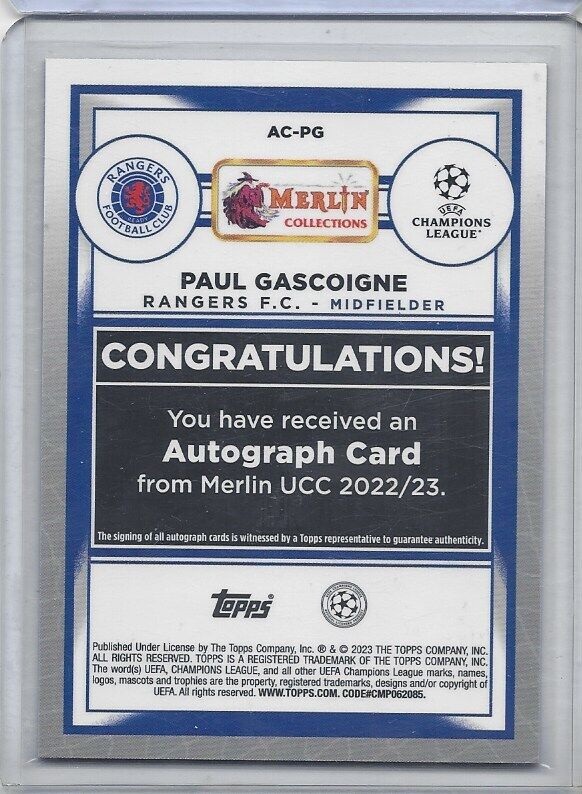 PAUL GASCOIGNE 2022-23 TOPPS MERLIN CHROME GOLD REFRACTOR AUTO #D 28/50