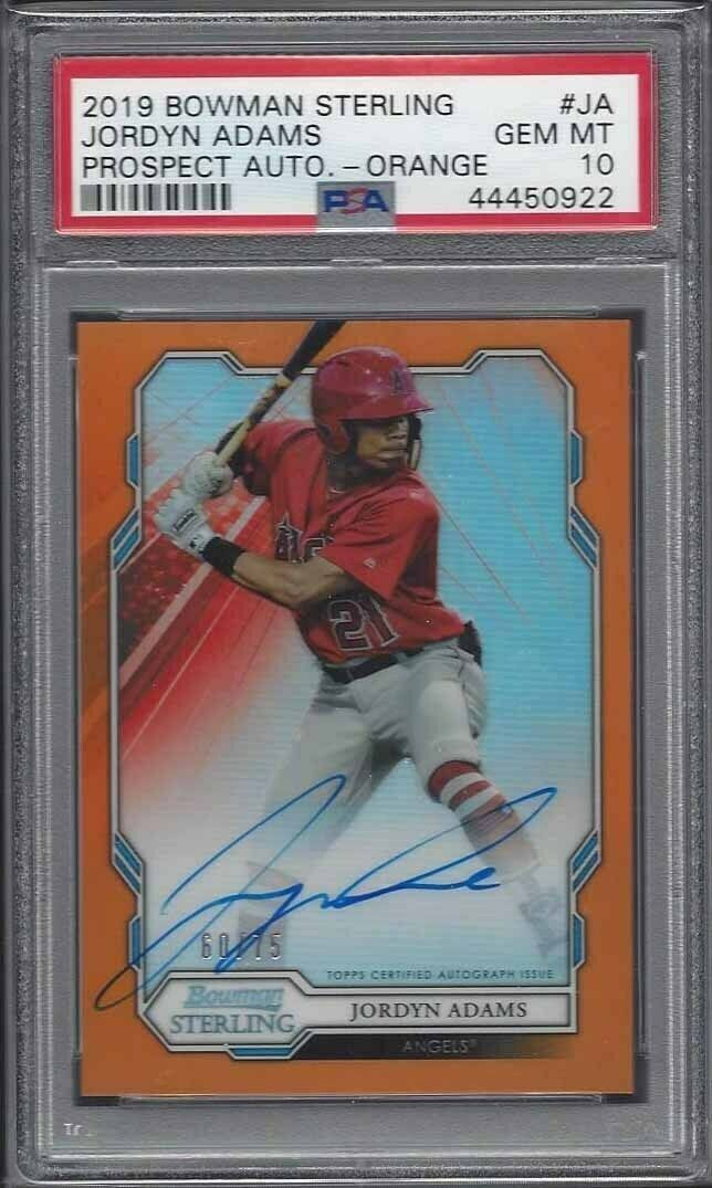 JORDYN ADAMS 2019 BOWMAN STERLING ORANGE REFRACTOR AUTO #D /75 PSA 10 GEM POP 3