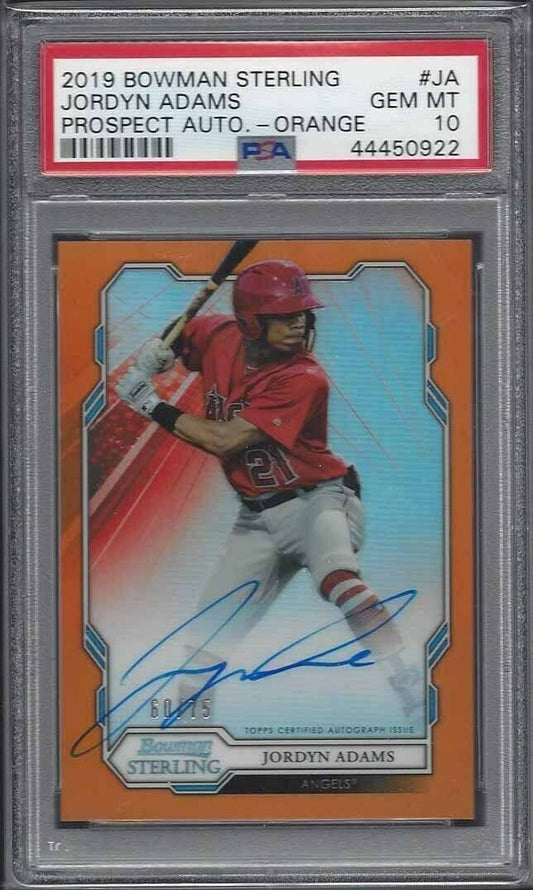 JORDYN ADAMS 2019 BOWMAN STERLING ORANGE REFRACTOR AUTO #D /75 PSA 10 GEM POP 3