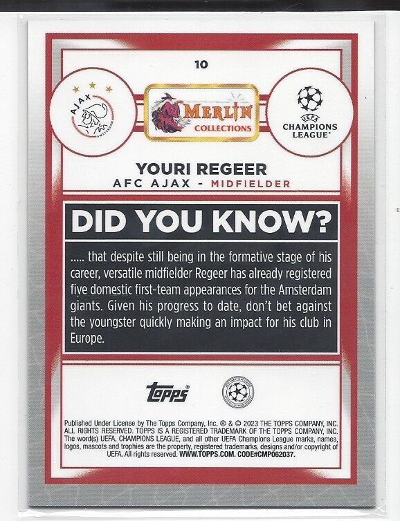 YOURI REGEER 2022-23 TOPPS MERLIN CHROME GREEN REFRACTOR RC #D 24/99