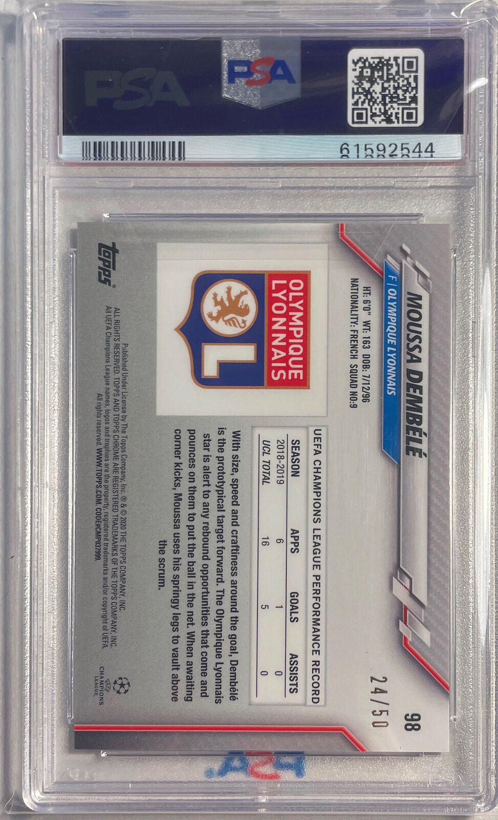 MOUSSA DEMBELE 2019-20 TOPPS CHROME UCL GOLD REFRACTOR #D 24/50 PSA 10 GEM POP 3