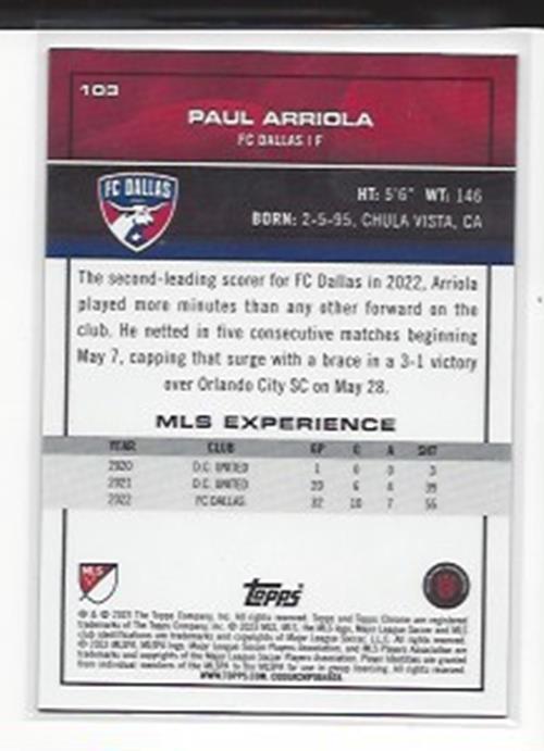 PAUL ARRIOLA 2023 TOPPS CHROME MLS BLACK REFRACTOR #D 9/10