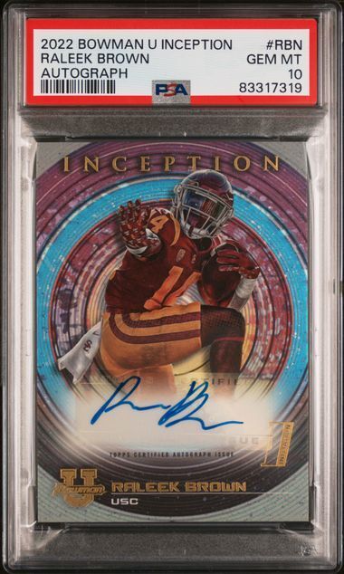 RALEEK BROWN 2022 BOWMAN UNIVERSITY INCEPTION 1ST AUTO PSA 10 GEM MINT POP 3