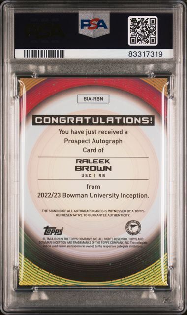 RALEEK BROWN 2022 BOWMAN UNIVERSITY INCEPTION 1ST AUTO PSA 10 GEM MINT POP 3