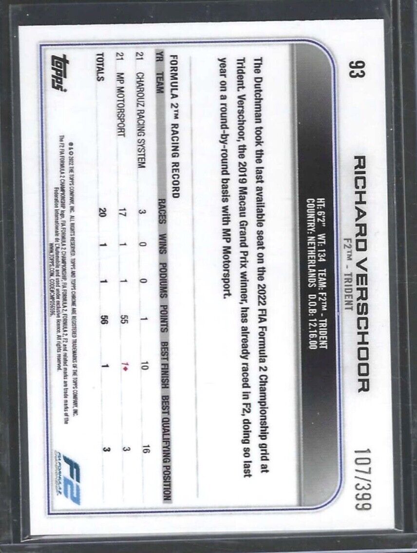 RICHARD VERSCHOOR 2022 TOPPS CHROME F1 PURPLE REFRACTOR #D 107/399