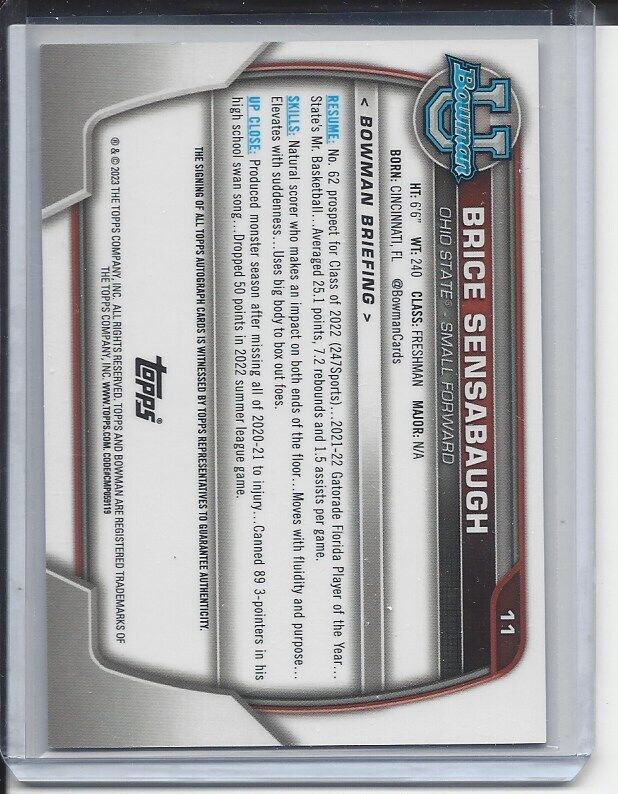 BRICE SENSABAUGH 2023 BOWMAN CHROME UNIVERSITY OHIO STATE 1ST ROOKIE AUTO RC