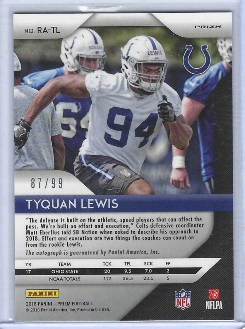TYQUAN LEWIS 2018 PANINI PRIZM BLUE SCOPE PRIZM ROOKIE AUTO RC #D 87/99